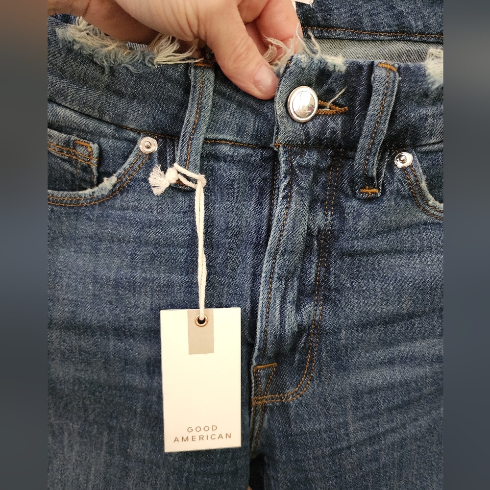 Good American Blue Skinny Jeans Classic Denim Frayed Worn Look Split Back Pocket - Picture 3 of 10